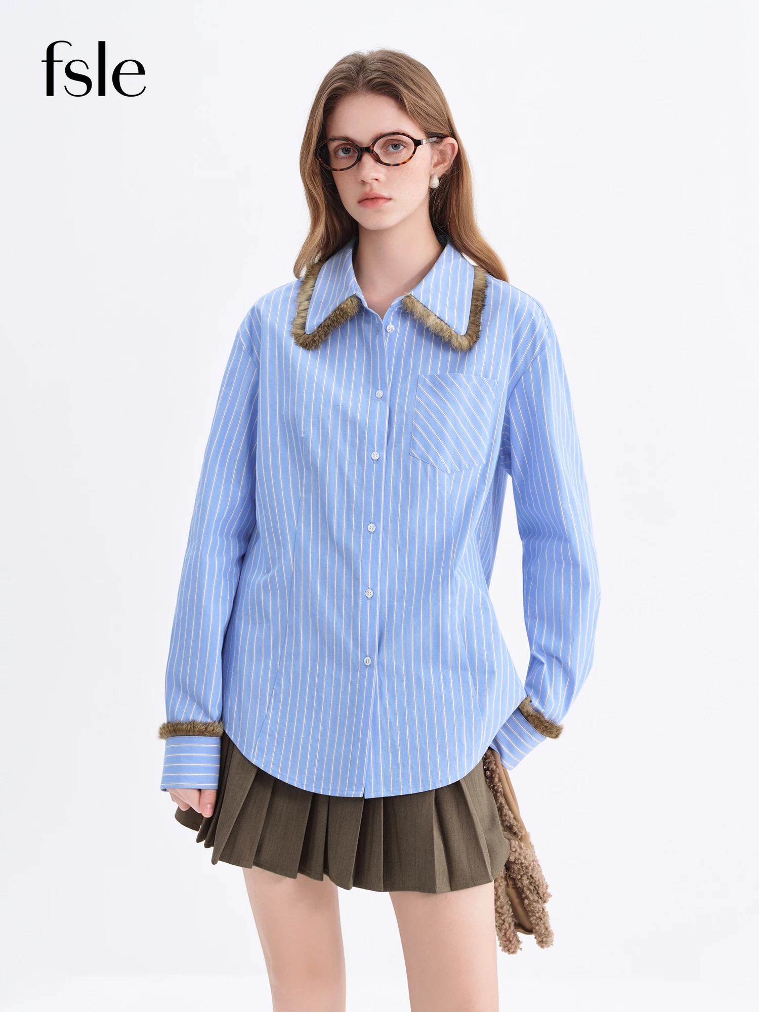 

FSLE 2025 Autumn Winter Women's Blue White Stripe Color Block Shirt French Style Office Elegant Casual Layering Splicing Blouse