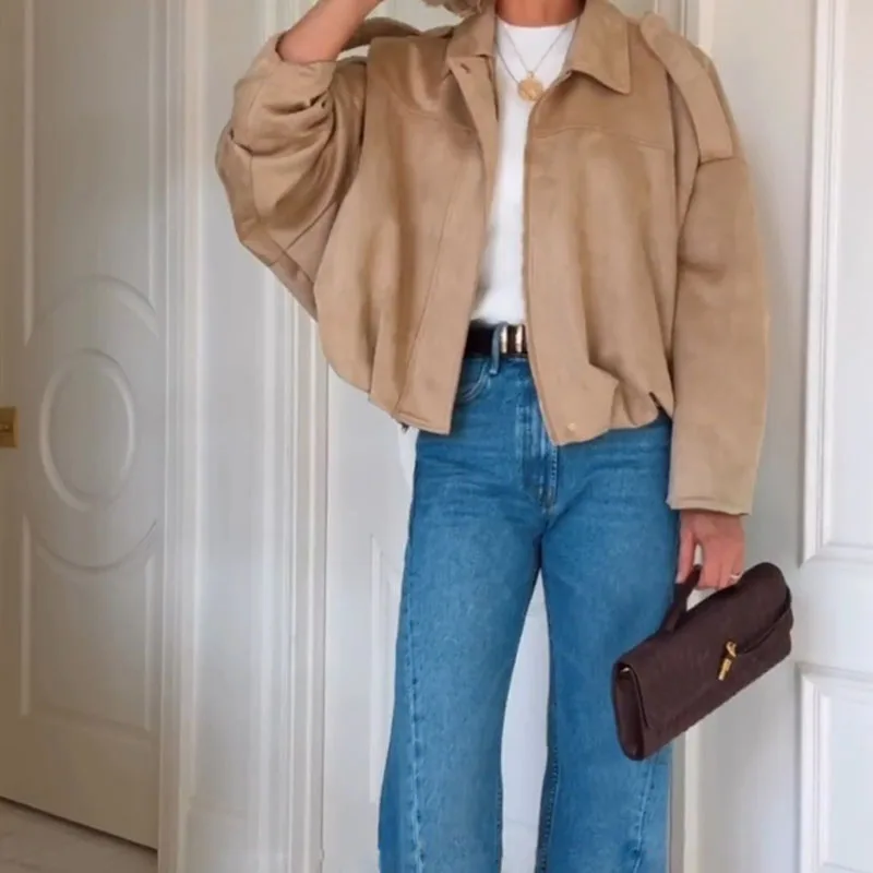 

2025 Fall Women Fashion Suede Short Jacket Winter Causal Long Sleeve Solid Loose Coat Elegant Lapel Collar Long Sleeve Outerwear