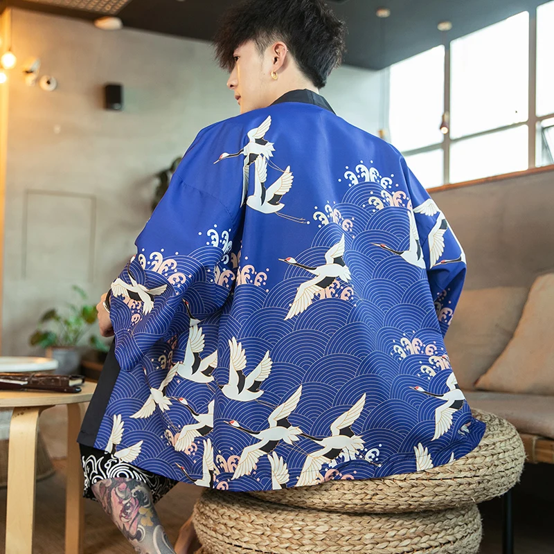 

New 2022 Kimono Cardigan With Crane Chinese Style Taoist Robe Men Hanfu Fashionable Japanese Streetwear Vintage Oriental Costume