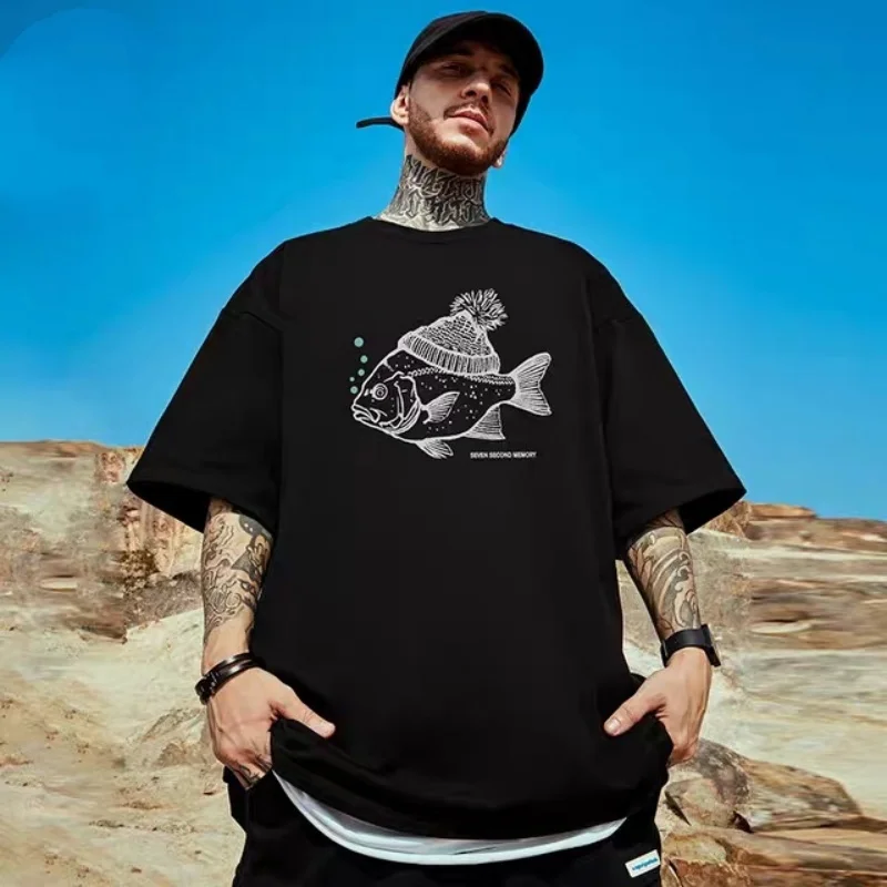 ZAZOMDE Retro Deep Sea Fish Flocked Print Cotton T-shirt Animal Pattern Round Neck Short-sleeved Tops For Men\'s Summer Tee