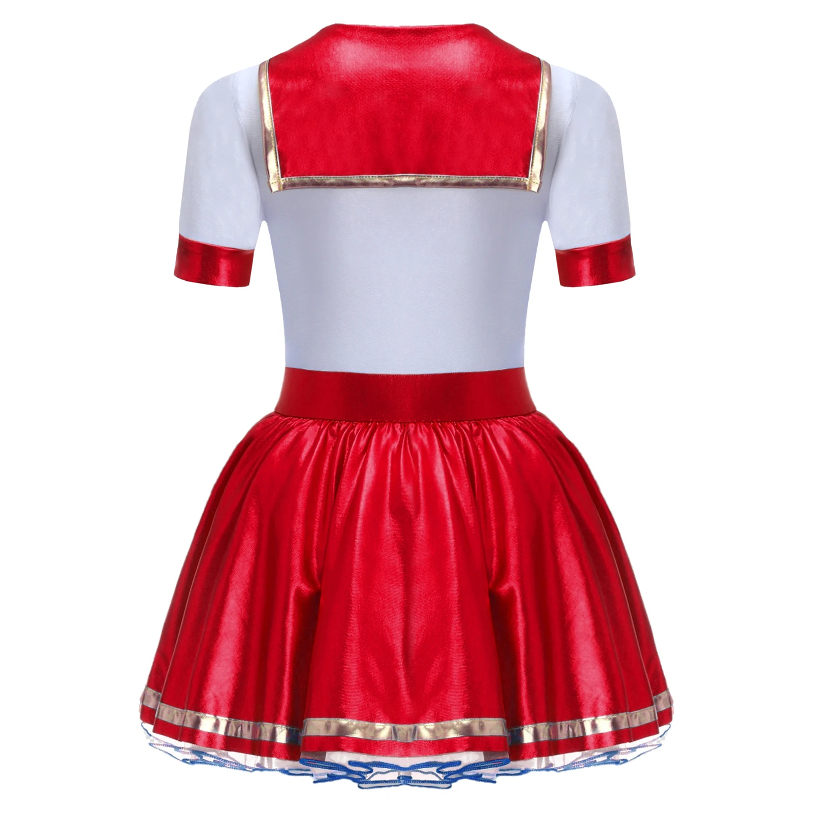 Kids Girls Anime Sailor Costume Halloween Party Cosplay Japanese School Girl Dress Metallic Glossy Short Sleeve Bow Ruffled Tutu