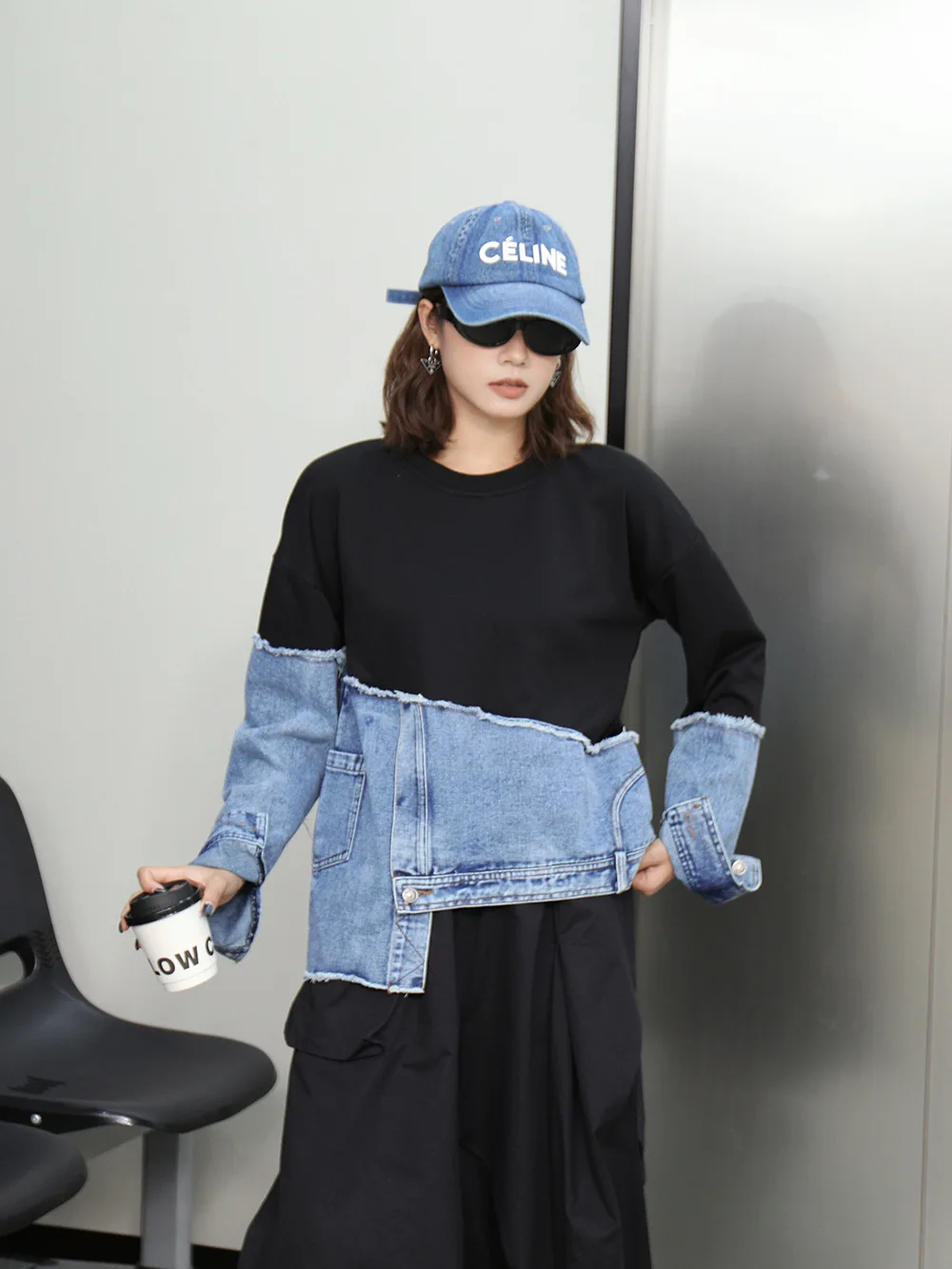 

JHJN модная толстовка с капюшоном на осень и зиму, новая модель, джинсовая нерегулярная индивидуальность, модный искусственный топ из двух предметов