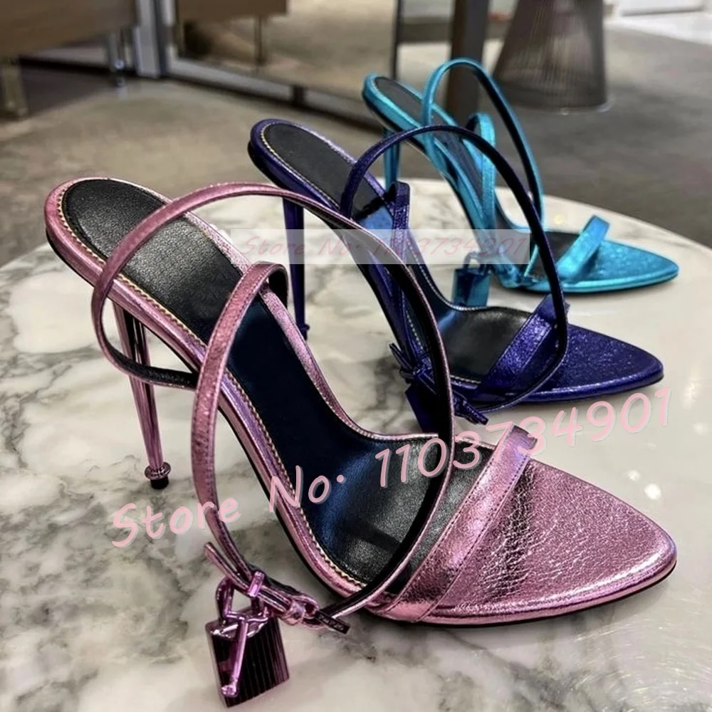 Metal Heel Lock Metallic Leather Sandals Female Luxury Open Toe Stiletto High Heels Shoes Lady Elegant Party Ankle Strap Sandals