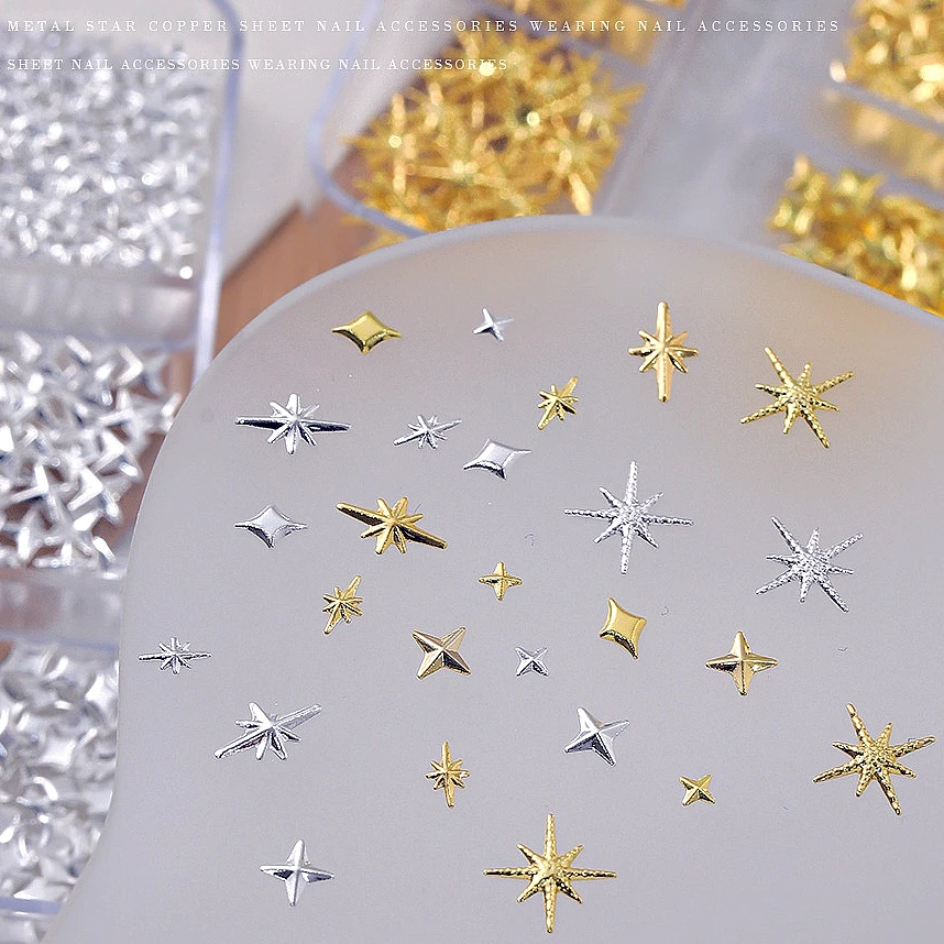 

6 Grids 150-200PCS Gold Silver Metal Starburst Nail Art Star Charms Starlight Accessories For Nails Decoration Manicure Supplies
