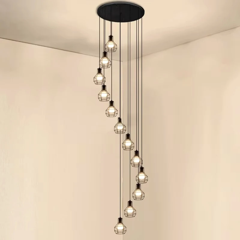 

Modern Black Iron Pendant Light For Foyer Stair Staircase Room Hotel Hall Chandeliers Lighting Suspension Decorate Pendant Lamps