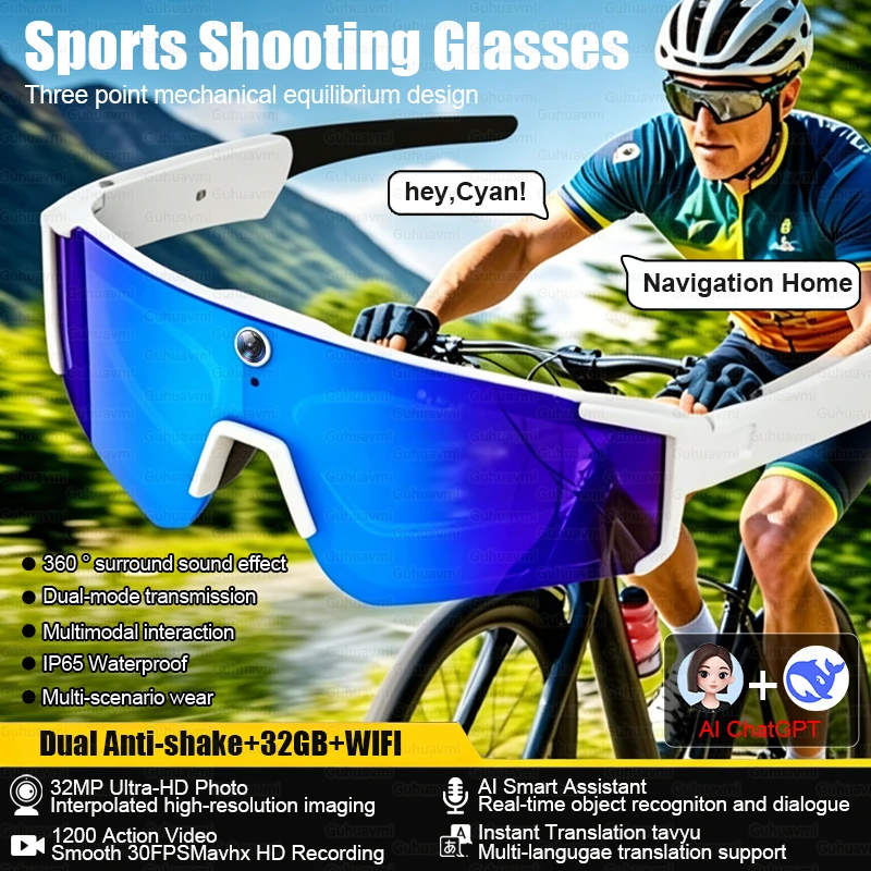 New 32MP AI Smart Camera Glasses 360°Surround Sound Bluetooth Sports Sunglasses Waterproof Anti-shake Action Glasses For Cycling