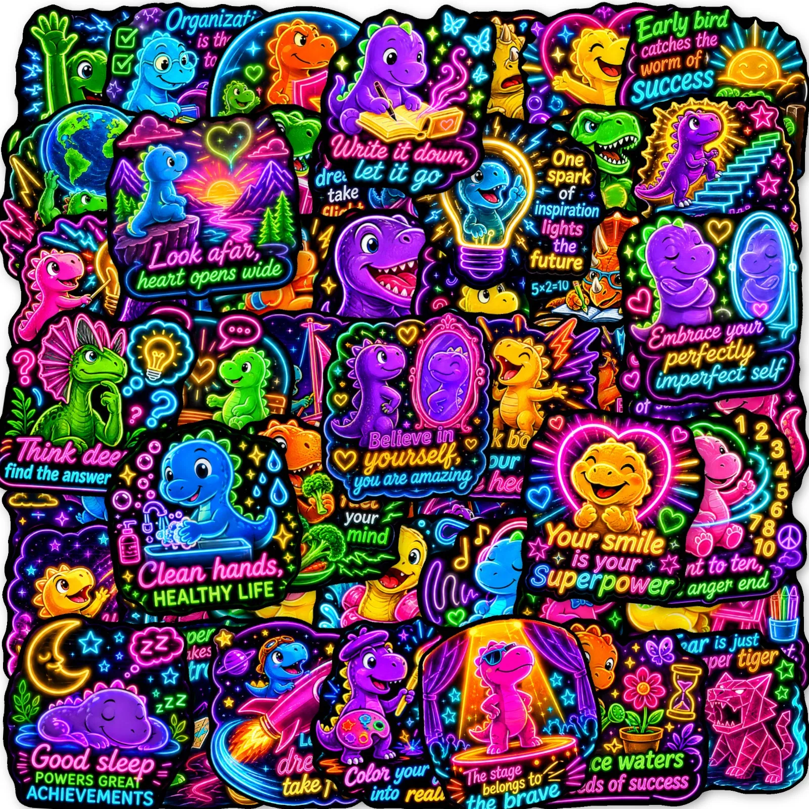 50 Pieces Neon Dinosaur Stickers Set Waterproof Positive English Quotes Decorative Small Dinos for Kids & Adults