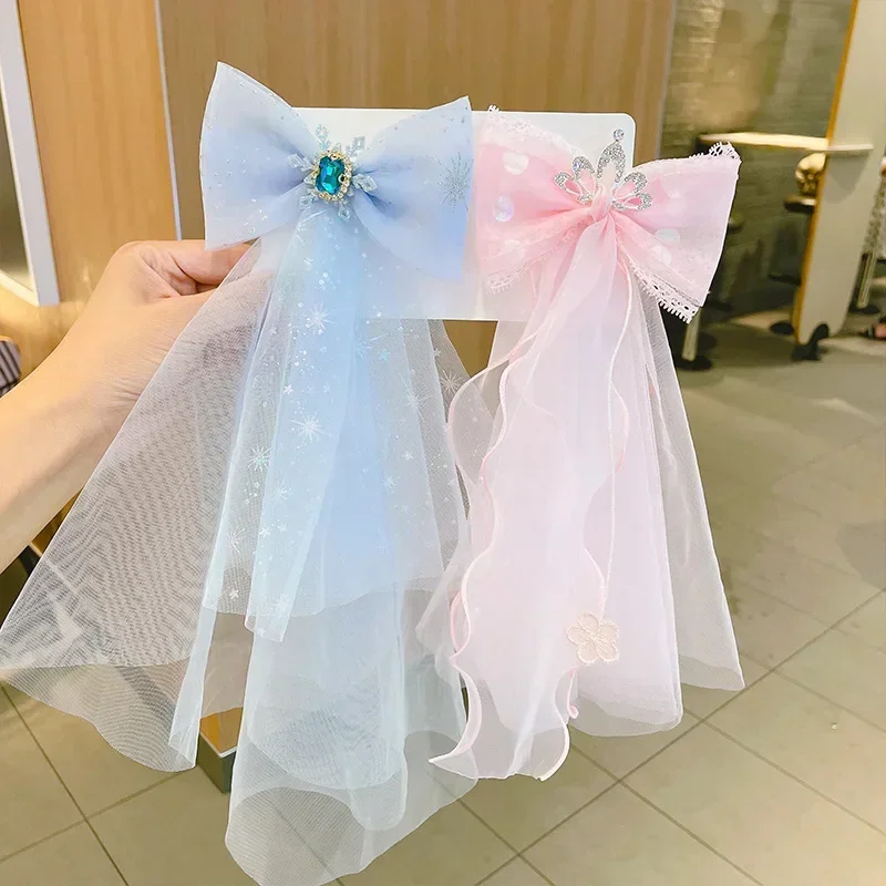 Frozen Princess Elsa Hairpin Children Cute Mesh ribbon Hairpin Girl Bow Tie Hairpin Piaosha Tassel Kawaii Kid Girl Birthday Gift