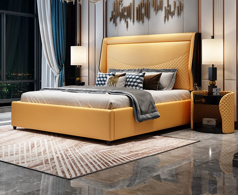 Leather Beds Luxury Metal Modern Furniture High Back Wood Frame Double Bed Designs King Size Bed image 2