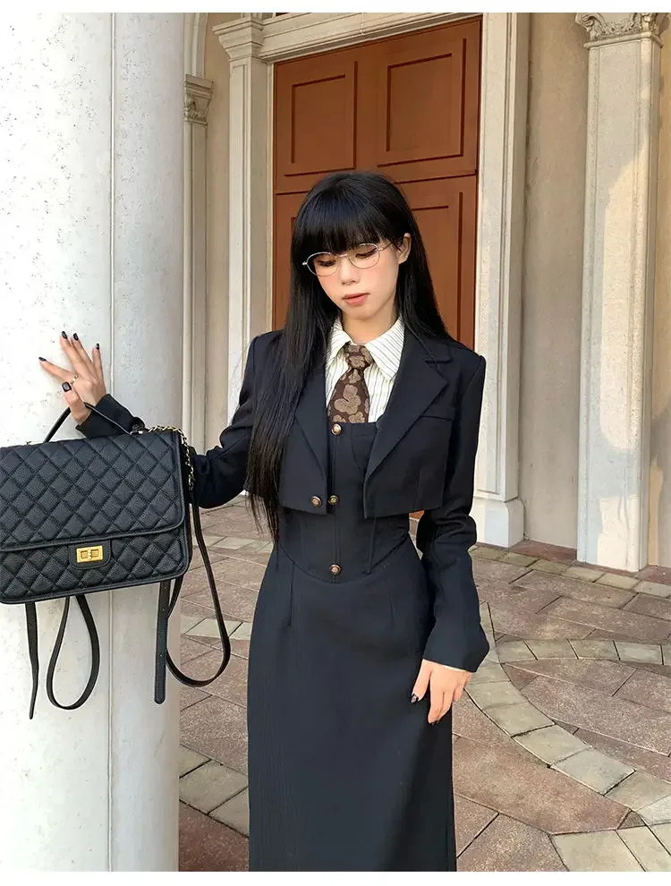 UNXX Autumn Academy Style Blazer Suit Coat Shirt Strap Skirt Set Vintage   Vest Dress Three Piece Sets Woman Clothing