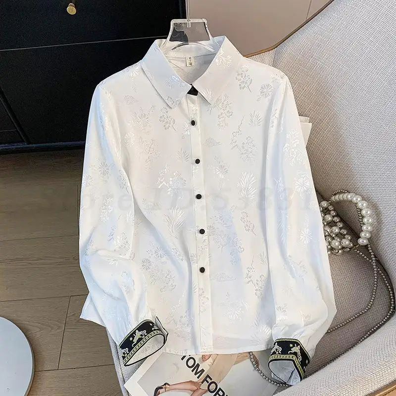

Spring Autumn National Shirt New Chinese Style Jacquard Blouse Vintage Button Up Improved Long Sleeve Shirts Women Versatile Top