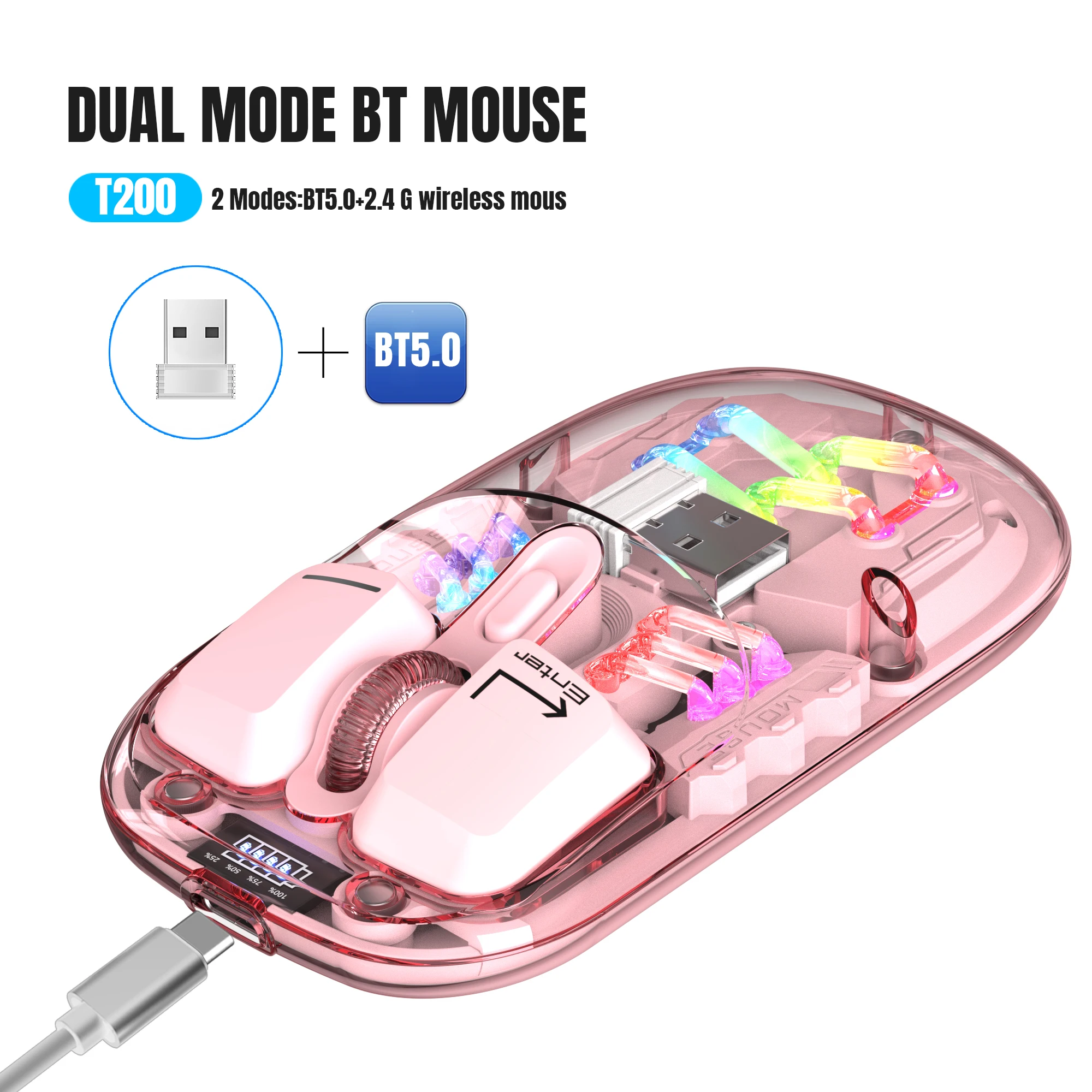 ZLRLMHY T200 Transparent Dual-mode Wireless Mouse Built-in 400mAh Lithium RGB backlight Battery  Mouse For PC and eed Notebook