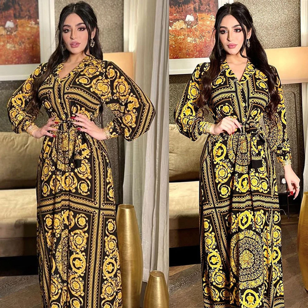 

Vintage Printed Muslim Women Long Dress Dubai Casual Long Sleeve Shirt Dress Single Breast Arab Abaya Middle East Islam Vestido