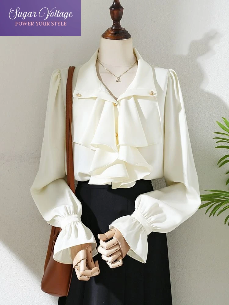 

Осенние новые корейские модные винтажные элегантные топы Y2K, женские облегающие рубашки с расклешенными рукавами и лацканами, офисная женская повседневная однотонная тонкая блузка