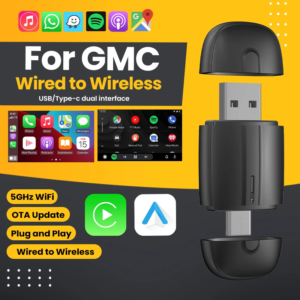 Wireless Android Auto Adapter CarPlay Adapter USB Type-C Bluetooth 2 In 1 For GMC Canyon Sierra Sierra HD Yukon Acadia Terrain