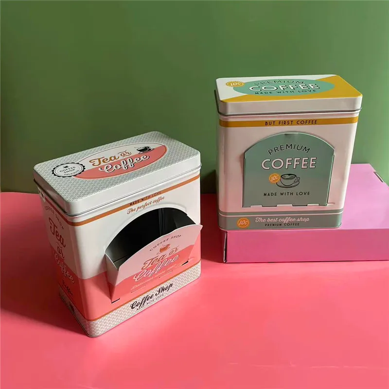 Vintage American Style Metal Coffee Tin Can Dispenser Storage Box for Tea Bag Rectangular Desktop Storage Box with Side Opening