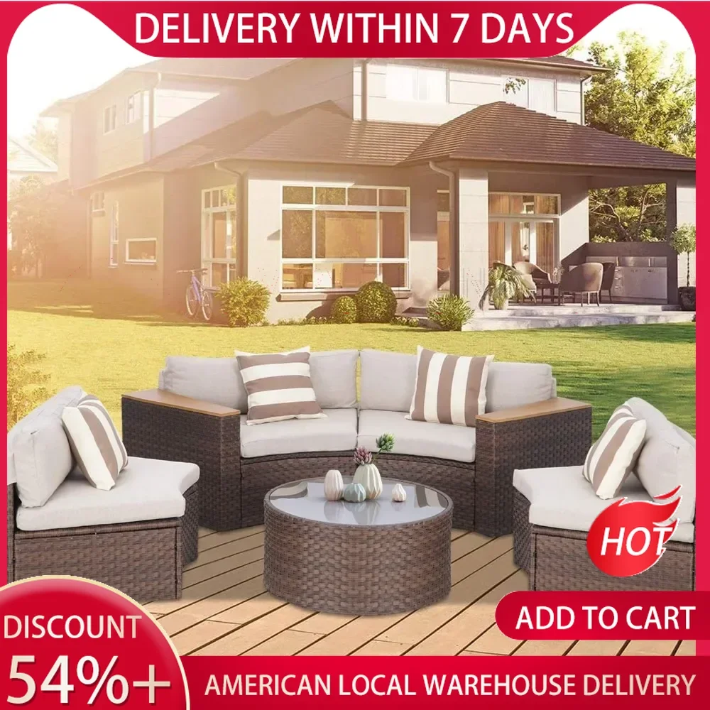 Outdoor Half Moon Patio Furniture 5-Piece Curved Outdoor Sofa, All-Weather Outdoor Sectional Furniture Patio Conversation Sets