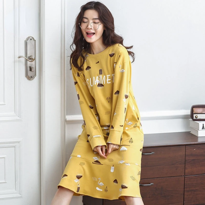 2024 New Spring Autumn Long Sleeve Loungewear Cotton Nightdress Women's Summer Pajamas Pullover Sleepshirts Loose Homewear