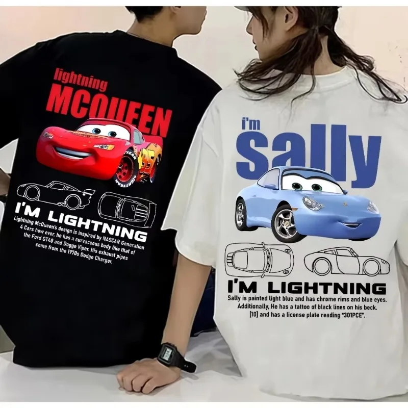 Disney verano relámpago Mcqueen y Sally estampado parejas camiseta Sally y Mcqueen algodón manga corta hombres mujeres camisetas Casual Tops