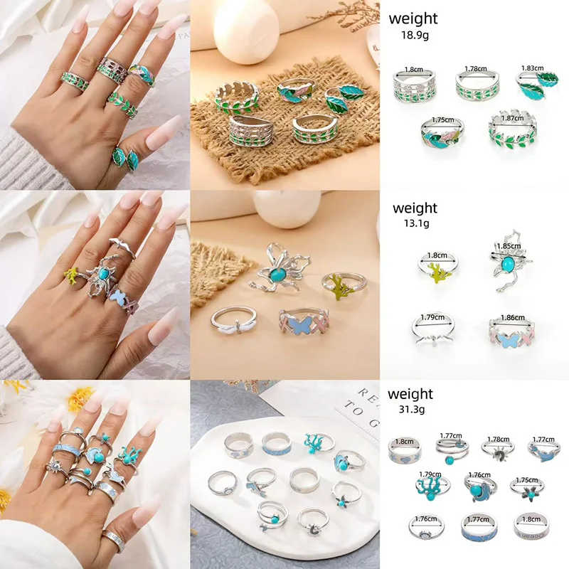 Bohemian Turquoise Spider Butterfly Eagle Scallop Coral Charm Set Ring New Jewelry for Women Vintage Star Moon Dolphin Sun Ring