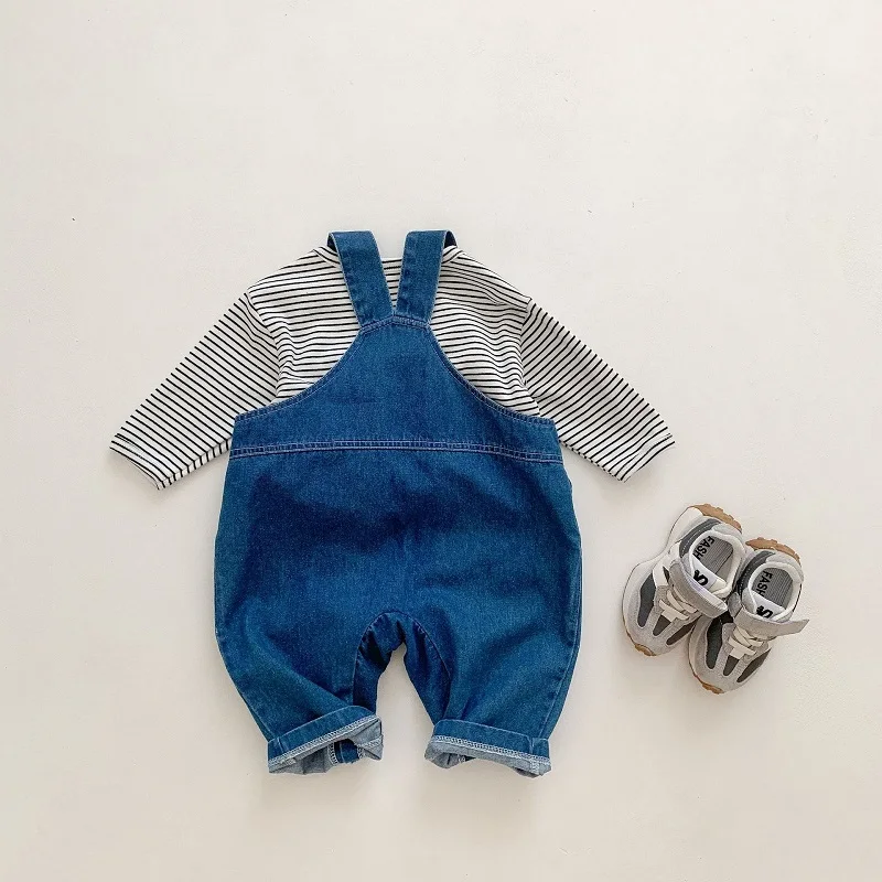 0-3Years Newborn Baby Autumn Clothes Long Sleeve Striped T-shirt Tops Bear Cartoon Denim Suspender Pant Overalls Boy Girl Outfit