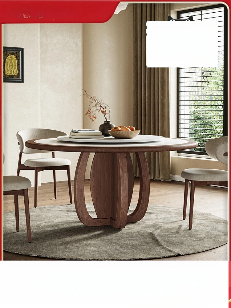 

Medieval style solid wood household dining table and chair combination round table small apartment wabi **** turntable round roc