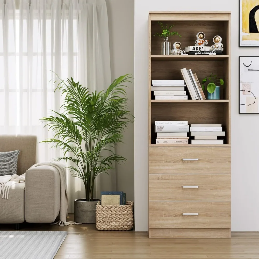 

71 Inch High Bookcase with Drawers, Bookcases and Bookcases with Three-tier Open Shelves, Tall Bookcases, Tall Storage Cabinets