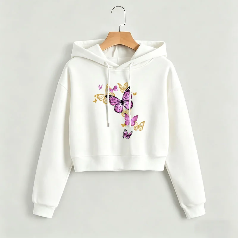 Harajuku Butterfly Print Autumn Winter Cropped Sweatshirt Crop Top Hoodie Y2k Sweatshirts Gothic Casual Style Clothes