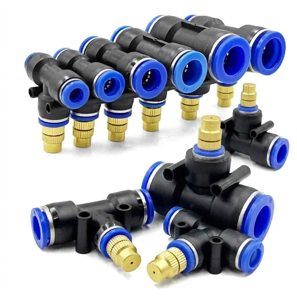 Brass Misting Nozzle with Tee Adapter Adjustable Atomizer Sprayer Watering System Compatible with 6 8 10 12 14 16mm PE Tubing