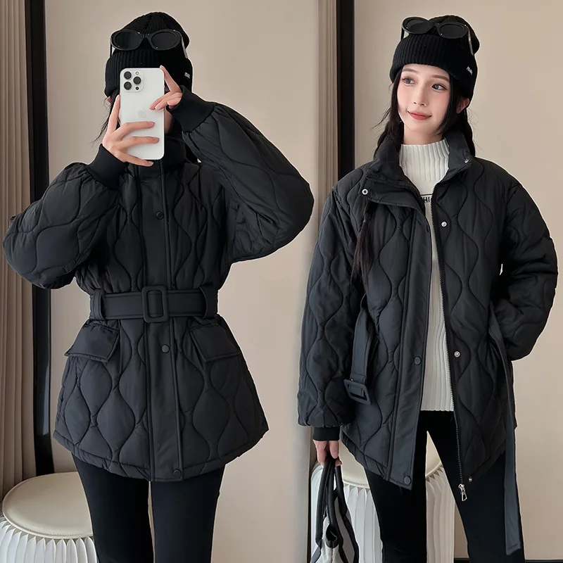Women Parkas Belt Cinched Waist Thick Warm Jacket Casual Zipper Stand Collar Pockets Jackets Elegant Coat Autumn Winter 2025