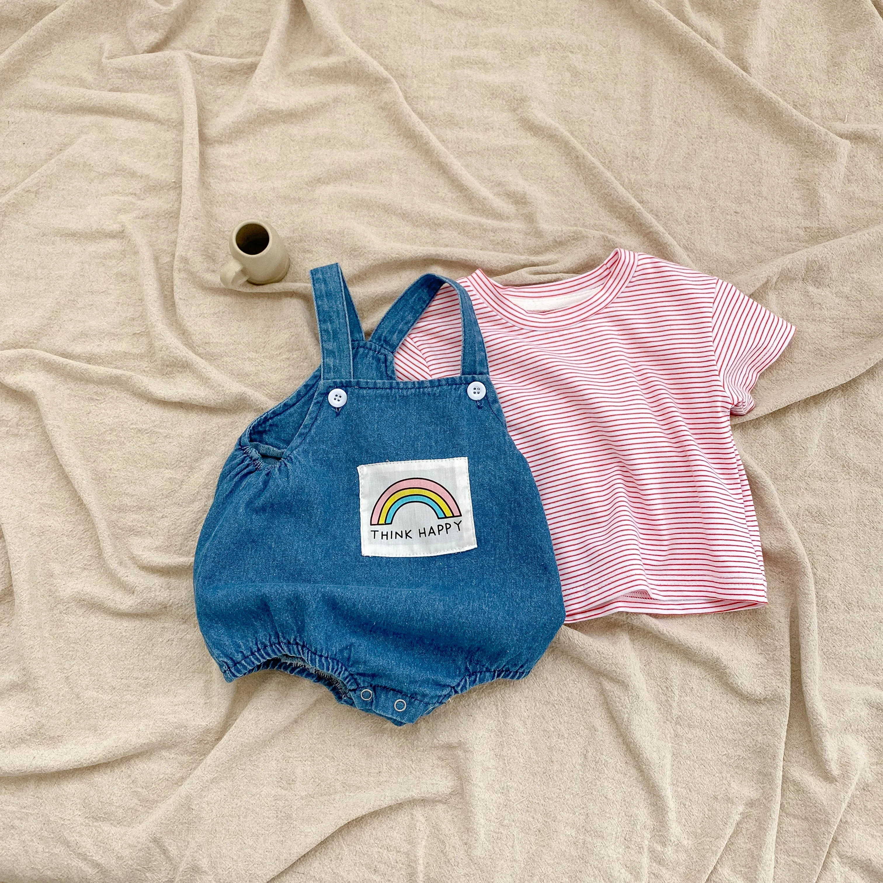 2022 summer ins infant baby girl clothing set rainbow denim suspender suit cowboy overalls Short sleeved T shirt