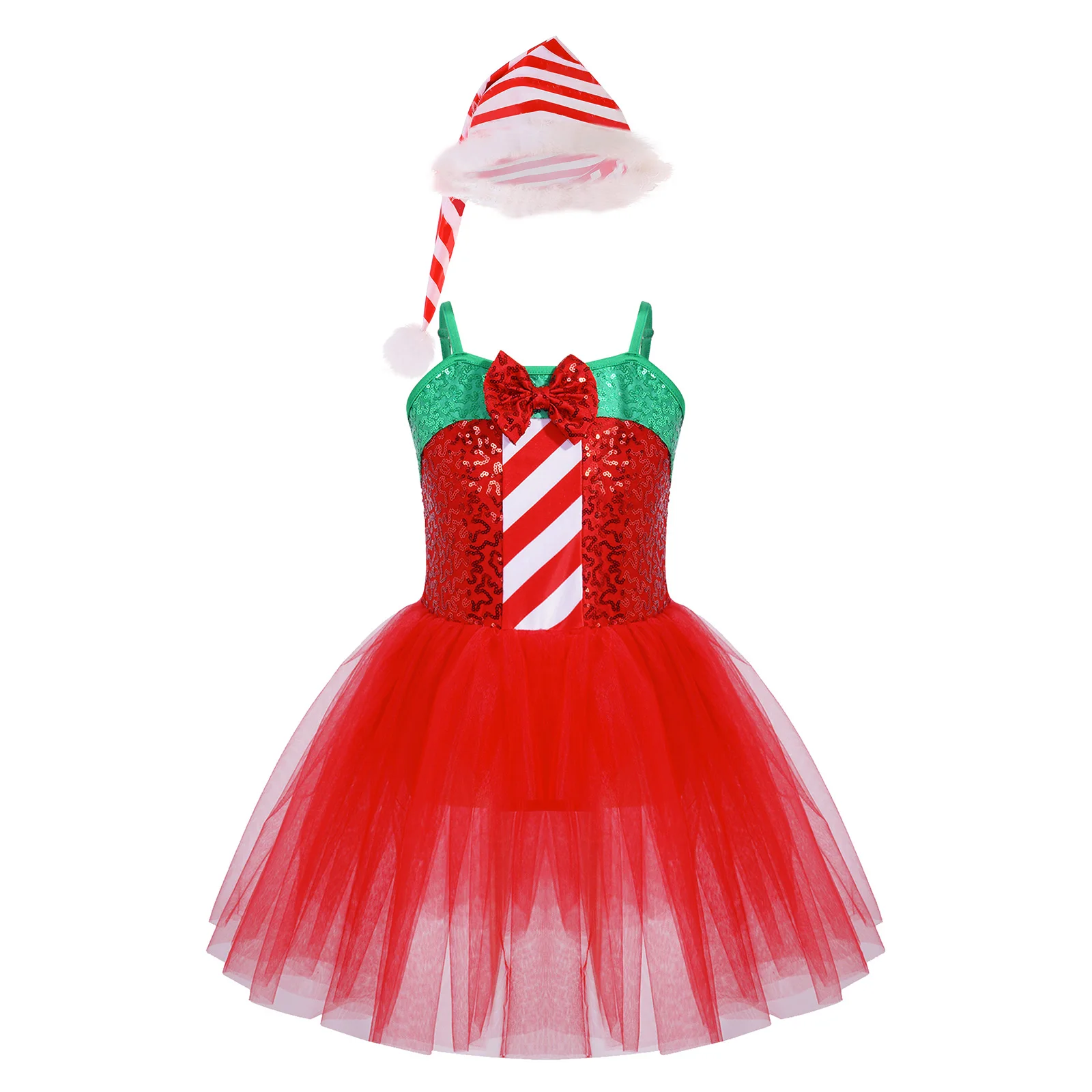 # 6-16 Kinderen Meisjes Kerstmis Nieuwjaar Juichende Jurk Set Pailletten Tutu Mesh Turnpakje Jurk met Hoed voor Vakantie Festival Feestjurk