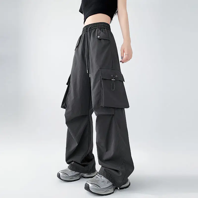 New Chinese Style 2024 Women's Spring Autumn Spliced Elasticized High-waisted Drawstring Pocket Fashion Solid Loose Casual Pants