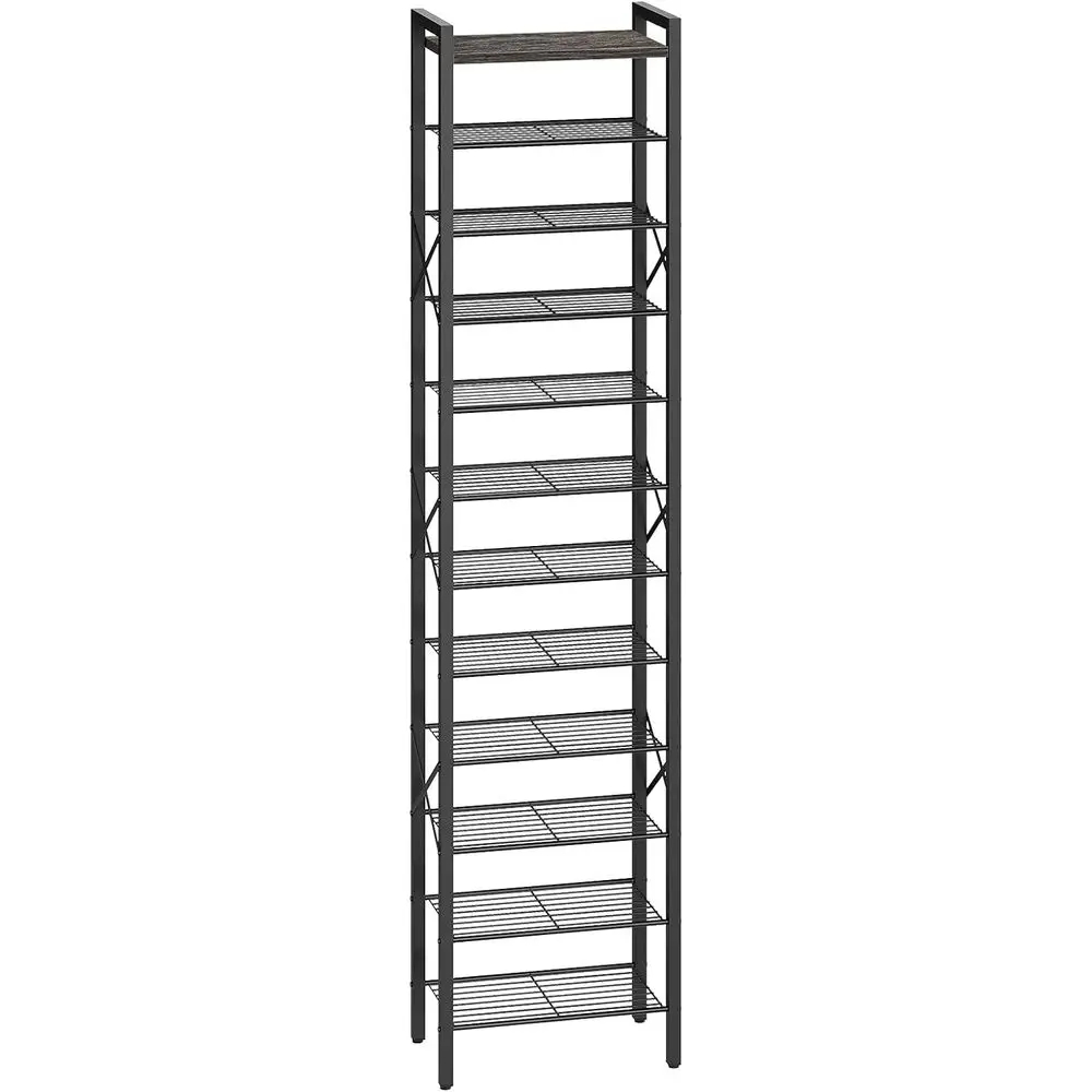 

12-Tier Slim Shoe Storage Organizer, Tall Rack for 12-24 Pairs, Wooden Top, Space-Saving Metal, Ideal for Entryway, Charcoal Bla
