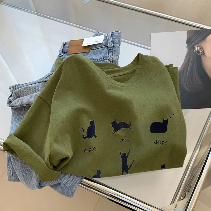 Green  Short Sleeve T-Shirt Women's Summer Design Loose Casual Half Sleeve Pure Cotton Shoulder Level Top
