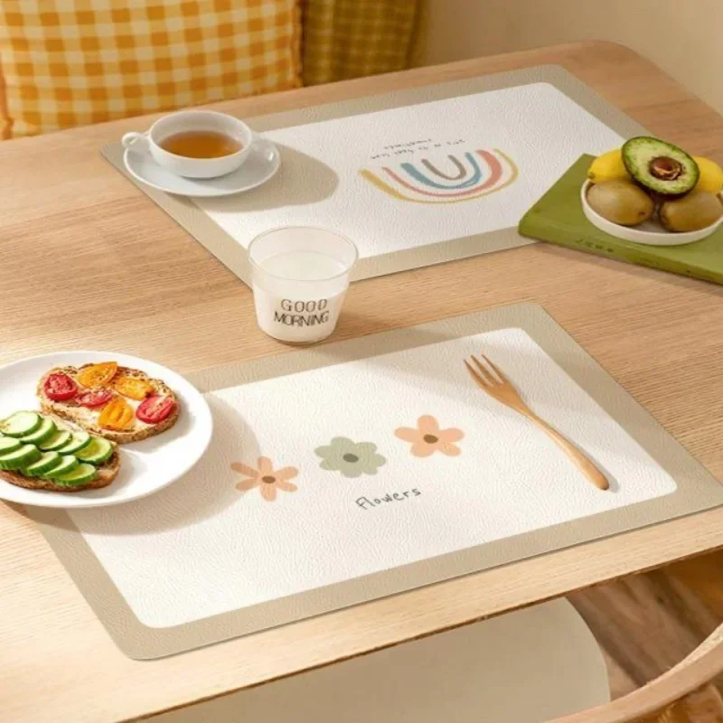Cute Hand-Painted Leather Placemat Simple PU Table Mat Waterproof Oilproof Heat Insulation Cup Bowl Mat Cozy Dinning Table Decor