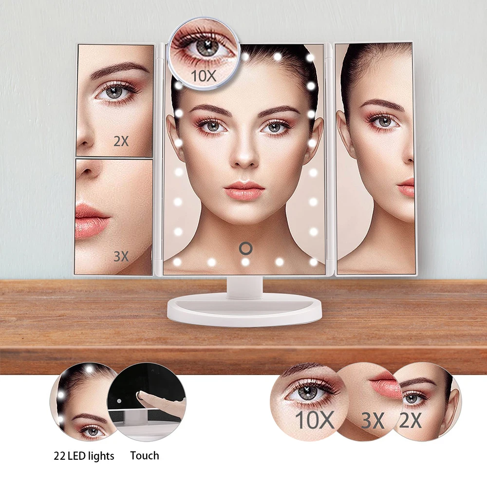 Foldable Makeup Mirror With LED Light 3 Folding 1X 2X 3X Desktop Vanity Mirror Dimmable Rotatable With Touch Switch LED Mirrors