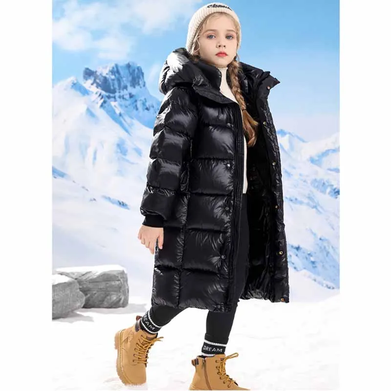 New Children's Long Thickened Down Cotton Jacket Winter Boys Solid Colour Warm Hooded Jacket Girls Casual Cold Outerwear 5-14Y