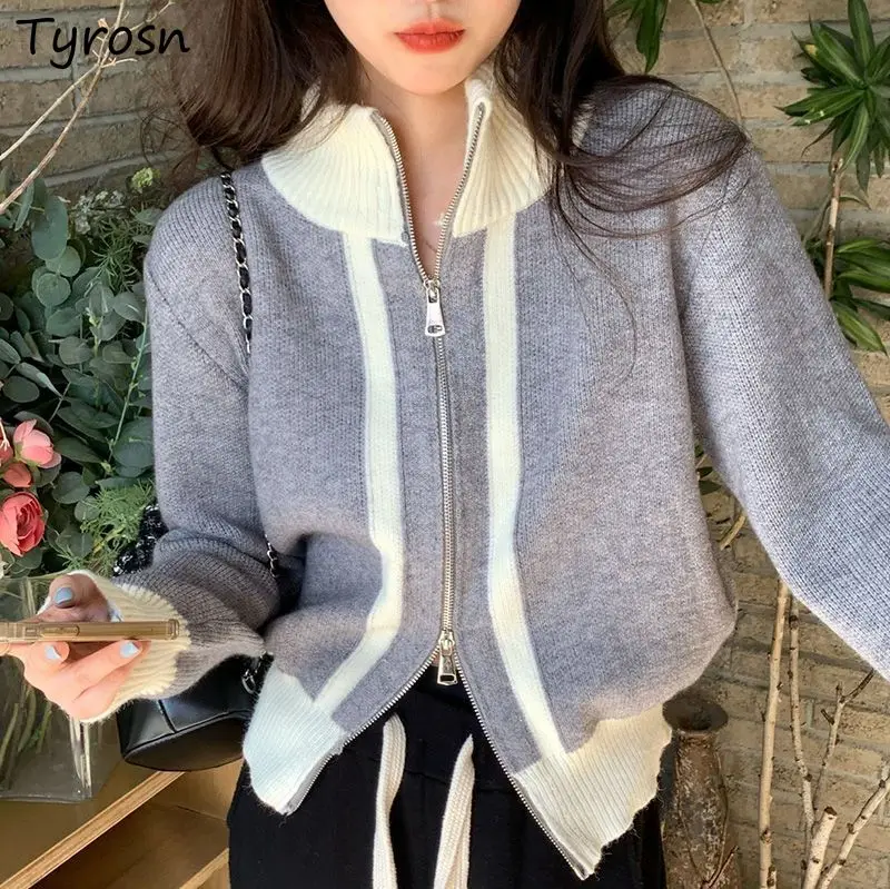 

Turtleneck Cardigan Women Korean Style Patchwork Sweaters Fashion Slim Simple Leisure Autumn Winter Female Knitted Tops Ladies