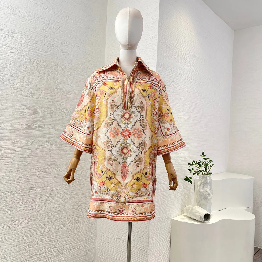 Linen 2025 new summer women high quality multicolor floral print 3/4 sleeves turn down collar mini dress