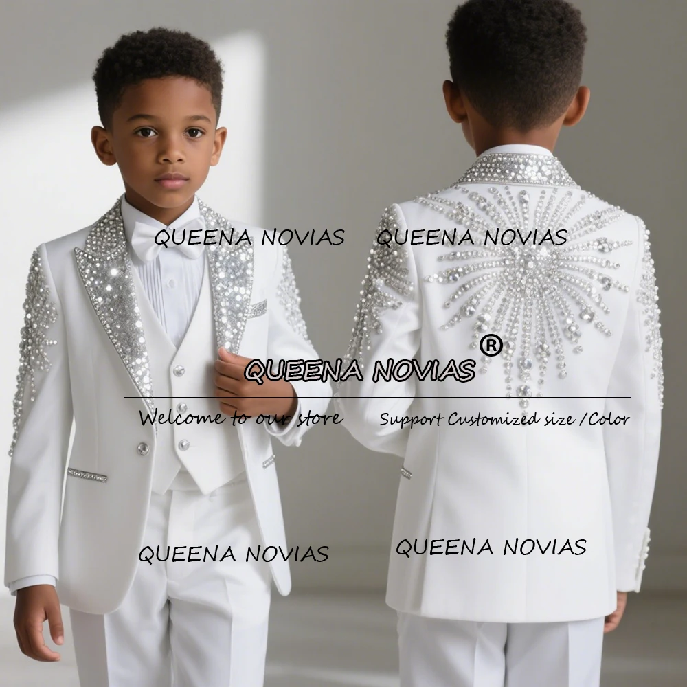 Brilliant Crystals Beaded Boys Suit 3 Pieces Sequins Lapel Children Blazer Customized Kids Tuxedos Trajes De Bodas Niño Luxury