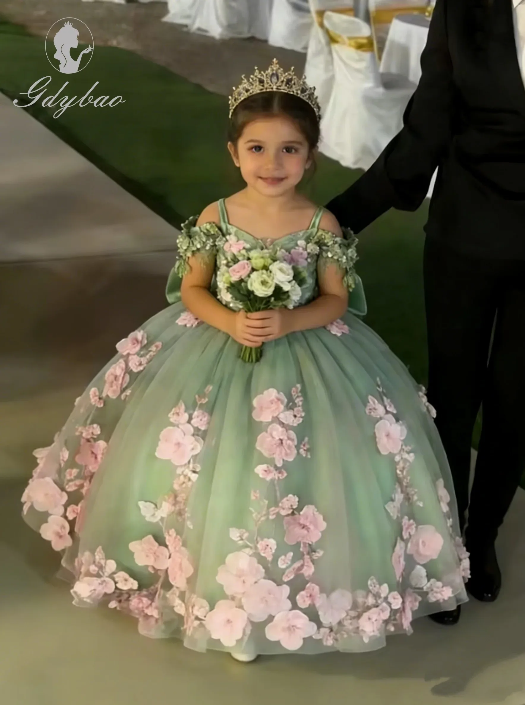 Customized Wedding Glitter Tulle Gold Applique Royal Blue Flower Girl Dress Floor Length Princess Gown for Birthday Party