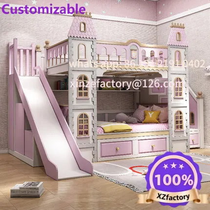 Customizable Full Solid Wood Upper and Lower Bed Bunk Bed High and Low Bed Two-story Princess Dream Castle Slide Villa