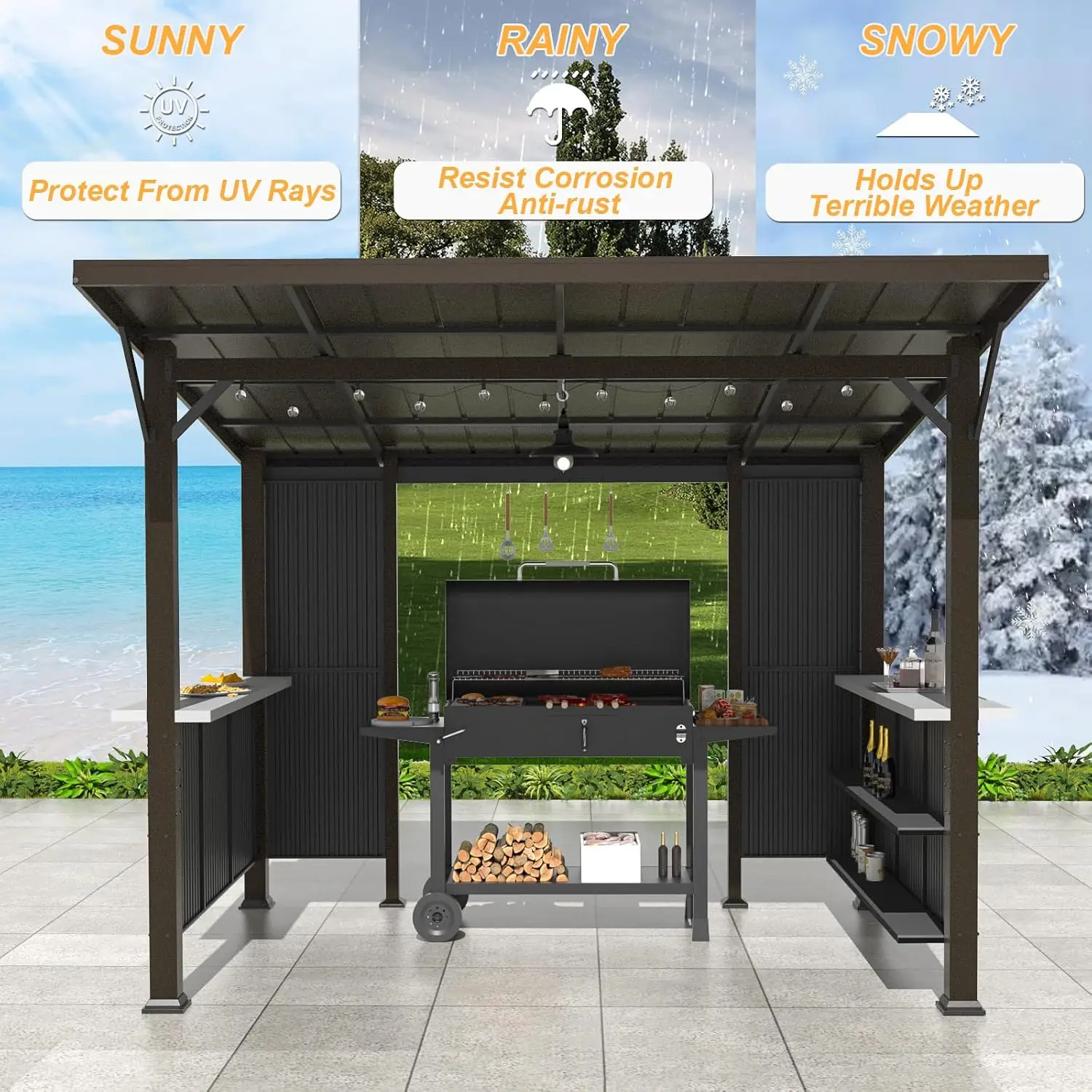 10'x 10' Hardtop Grill Gazebo, Outdoor BBQ Gazebo with Storage Shelves and Expansion Platform, Permanent Galvanized, Customized view 6