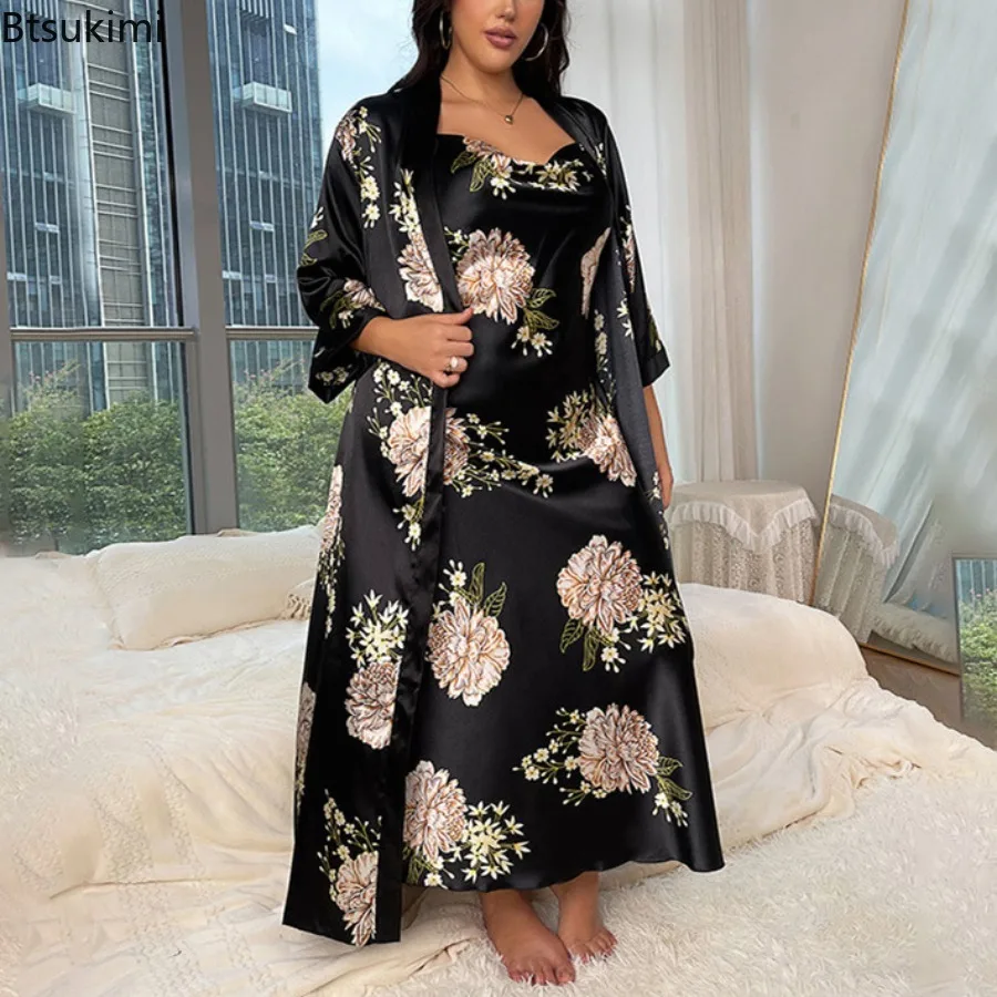 Loose Sexy Nightgown for Women Nightshirt Silk Satin Sleepwear Night Dress Black Printed Long Sleeve Sleep Two Piece Set Pajamas