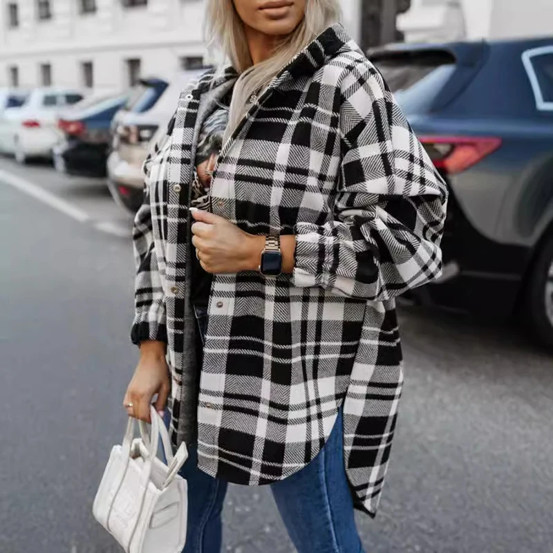 Winter New Casual Checkered Contrast Printed Hoodies Fashion Irregular Long Sleeved Women's Coat Chic Side Split Lady Streetwear