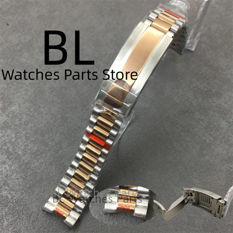 BLIGER 20mm Width New Double Curved End LINKS Presidential Bracelet Stainless Steel Two Tone Rose Gold Watch Band Glide Clasp