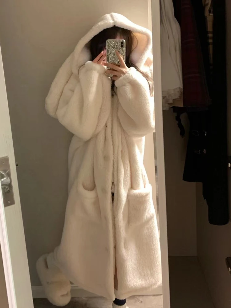 White Robes Women Kawaii Rabbit-ears Hooded Sleepwear Thicken Sweet Girlish Long Sleeve Bathrobes Warm Soft Coral Fleece Home