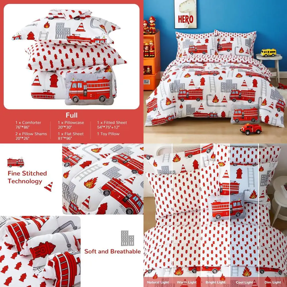 

Комплект одеял на тему пожарной машины из 8 предметов для мальчиков: белое постельное белье из микрофибры с простынями, подушками и декоративными подушками