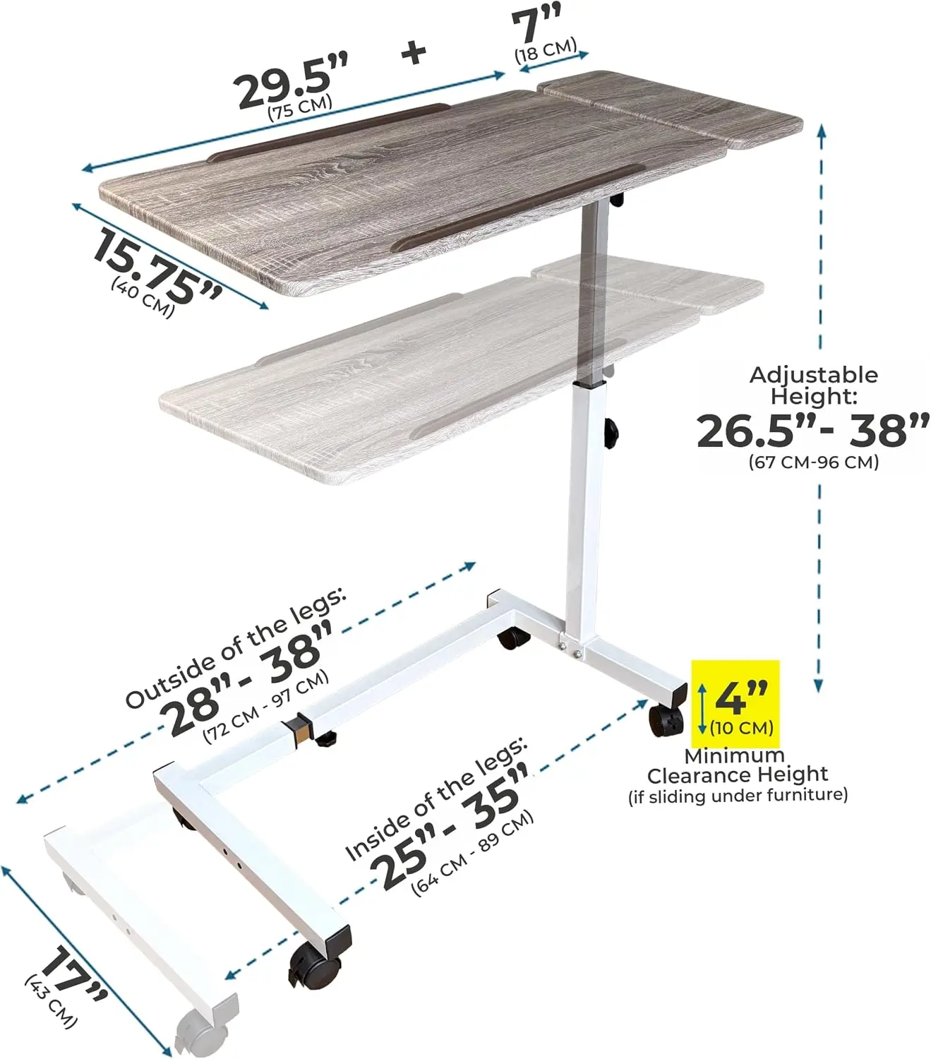 Recliner Table, Over the Bed Table with Wheels, Adjustable Width & Height, with Split Tilt Design & 4 Caster Wheels with Brakes